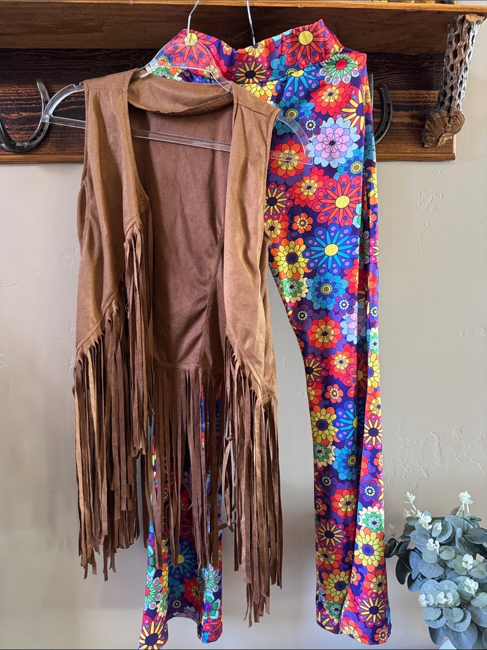 Small Hippie Costume Vibrant Floral Wide-Leg Pants with fringe vest